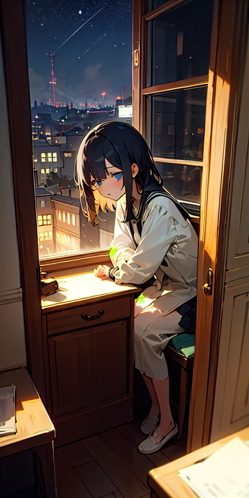 (masterpiece, Highest quality),A girl studying in her room、Depressed expression、Study room with window、night、It's raining a little、Calm atmosphere、profile