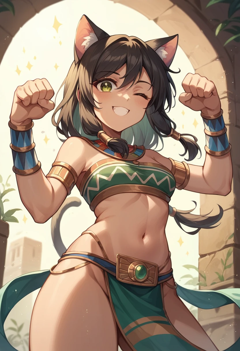 ((masterpiece)), ((Highest quality)), From below, Very cute Egyptian girl, (light々Smile), Cute eyes, (Put on cat ears), (Tribal Tube Top), (Cute pose, clench one's fist), Crystal ornaments, Particles of light, (Trival Long Loincloth), Healthy Skin, worried girl, Ancient ruins overgrown with vegetation, Exposed bare stomach, ((Hair on one eye)),
