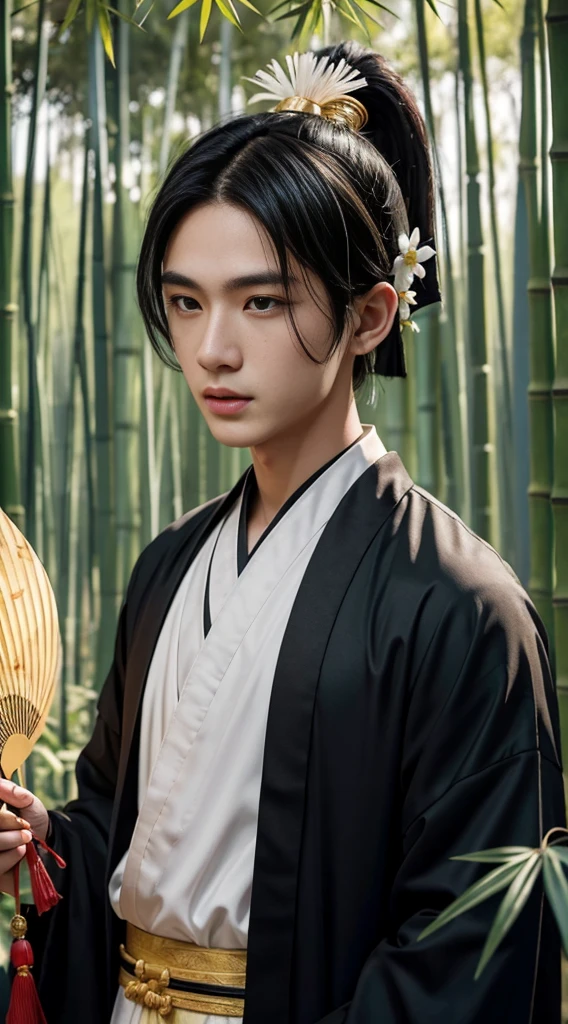 (masterpiece:1.2),best quality,PIXIV,Chinese style,hair ornament,solo,jewelry,black hair,white flower,black long hair,A close-up of a boy in a bamboo forest, long black hair, ponytail, green headdress, carrying a lantern, bamboo leaves falling, hazy smoke, green Hanfu,23 year old boy,1boy,pretty 23 year old boy,professional boy photo, photo of boy 23 years old, thin boy,mature beautiful face,fair skin,super scale, 24k,hdr,perfect body boy,blush, big Ogi folding fan,parted lips,black eyes,tassel,lips,chinese clothes,pretty boy,smooth skin,