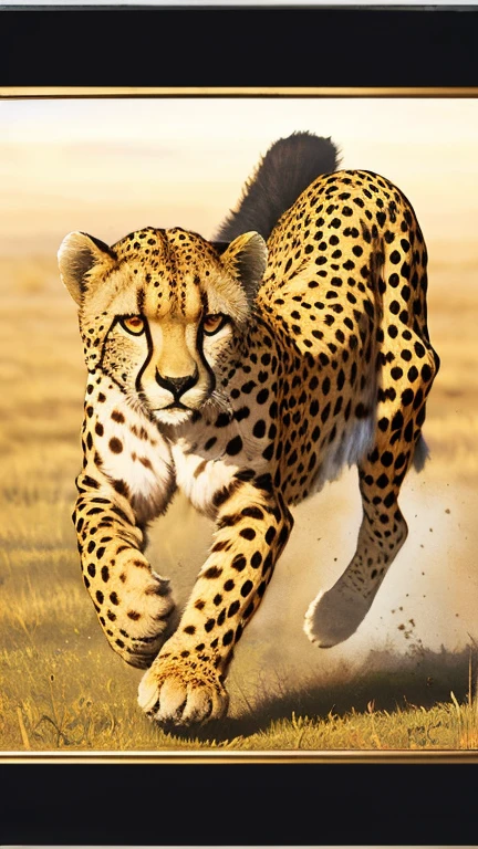 a cheetah in the savannah, running, Action painting, speed lines, framed,  85mm, masterpiece, super detail, high details, high quality, best quality