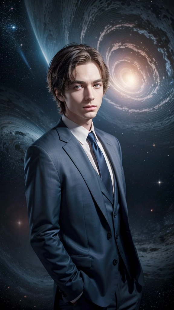 Astrophysicist utopian and perfect character on a background showing the universe. This character must have straight hair, be white, blue eyes and be wearing a suit and must be a man and have a little short hair.
in various poses