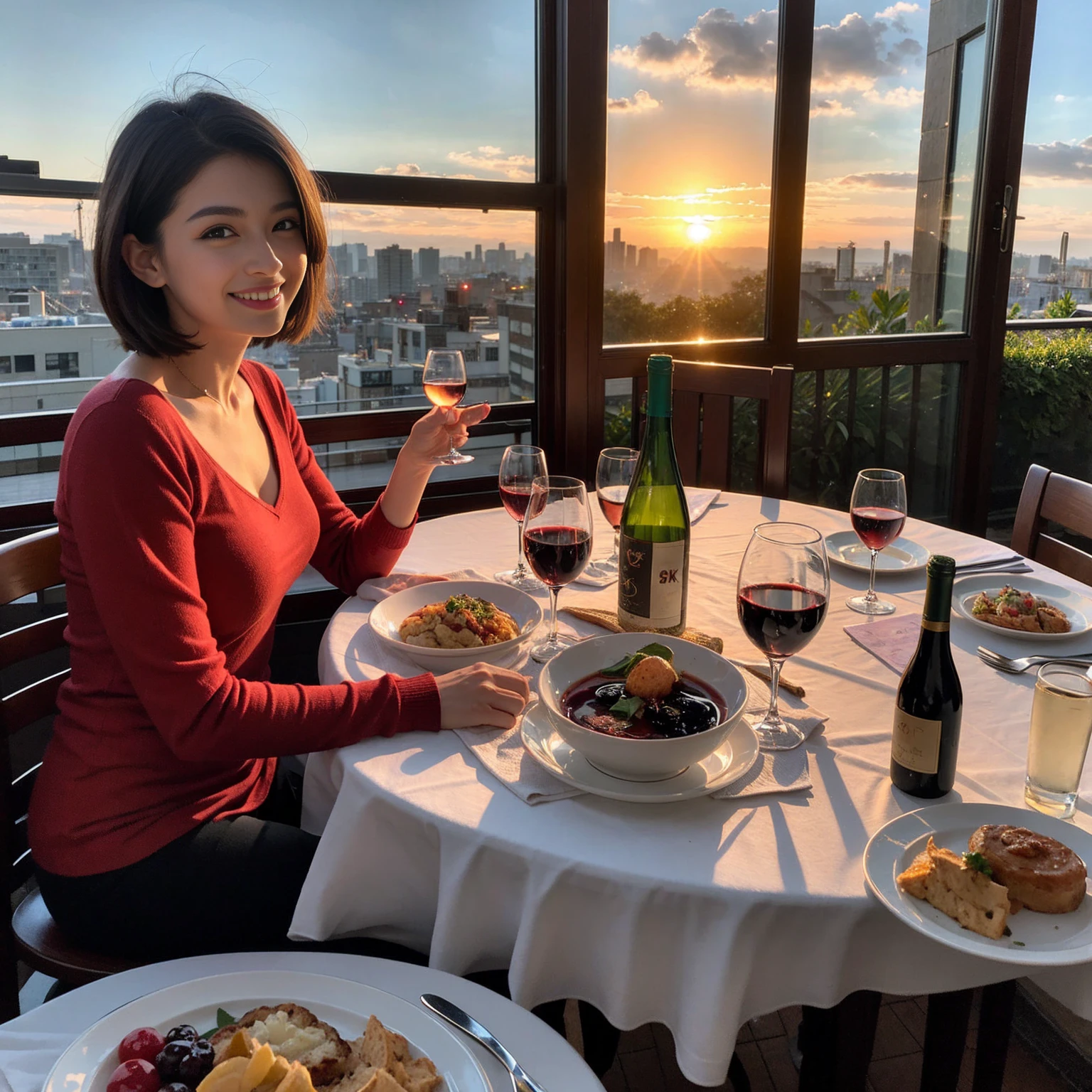 ((Highest quality、8K、masterpiece:1.3))、 (Genuineistic, Genuine、Bright image、Intricate details:1.2), 最高のsmile、1 male 1 female、Beautiful couple、Lovey-dovey lovers、Happy Tokyo Lovers、、Good friends、actress couple、smile、Full-course dinner at a packed table、 (Slim face), (the body is slim), (Brown Hair), (short hair), テーブルのwine glass、Please shine a light on my face、 Amazing view of the sunset sky and clouds、 years old 39 years old, red wine 、Appetizers、Wine bottle、sparkling wine、Long sleeve shirt、dress、White wine, red wine, wine glass,