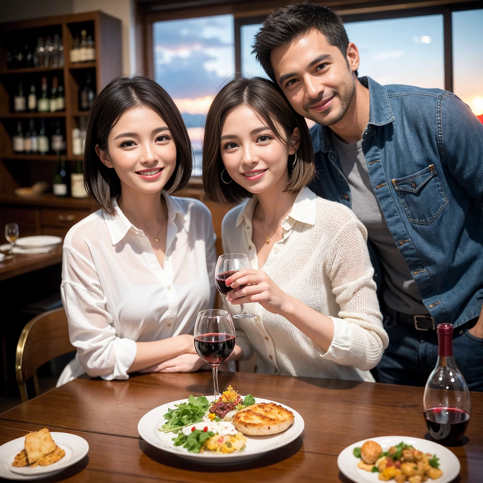 ((Highest quality、8K、masterpiece:1.3))、 (Genuineistic, Genuine、Bright image、Intricate details:1.2), 最高のsmile、1 male 1 female、Beautiful couple、Lovey-dovey lovers、Happy Tokyo Lovers、、Good friends、actress couple、smile、Full-course dinner at a packed table、 (Slim face), (the body is slim), (Brown Hair), (short hair), テーブルのwine glass、Please shine a light on my face、 Amazing view of the sunset sky and clouds、 years old 39 years old, red wine 、Appetizers、Wine bottle、sparkling wine、Long sleeve shirt、dress、White wine, red wine, wine glass,