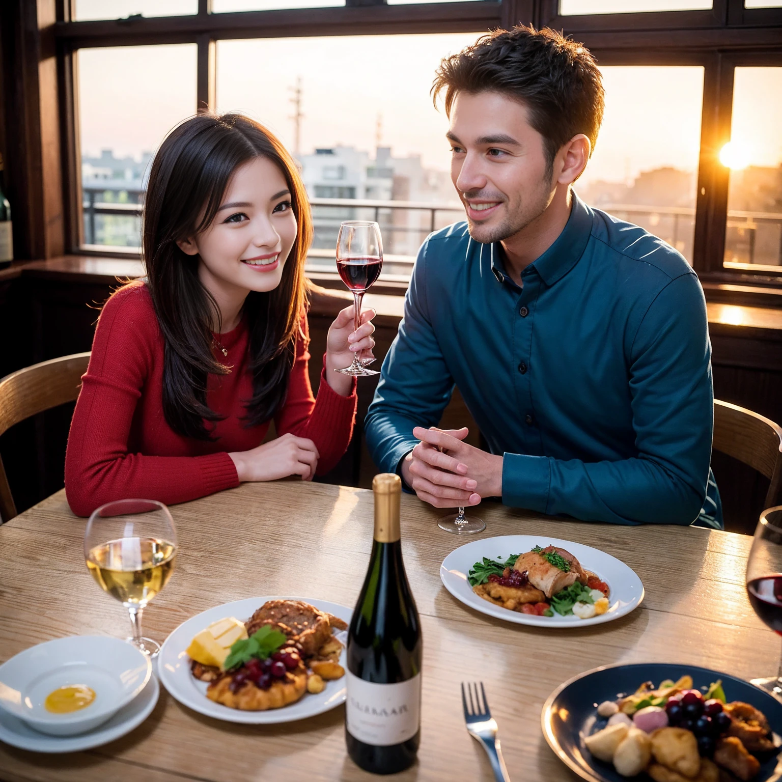 ((Highest quality、8K、masterpiece:1.3))、 (Genuineistic, Genuine、Bright image、Intricate details:1.2), 最高のsmile、1 male 1 female、Beautiful couple、Lovey-dovey lovers、Happy Tokyo Lovers、、Good friends、actress couple、smile、Full-course dinner at a packed table、 (Slim face), (the body is slim), (Brown Hair), (short hair), テーブルのwine glass、Please shine a light on my face、 Amazing view of the sunset sky and clouds、 years old 39 years old, red wine 、Appetizers、Wine bottle、sparkling wine、Long sleeve shirt、dress、White wine, red wine, wine glass,