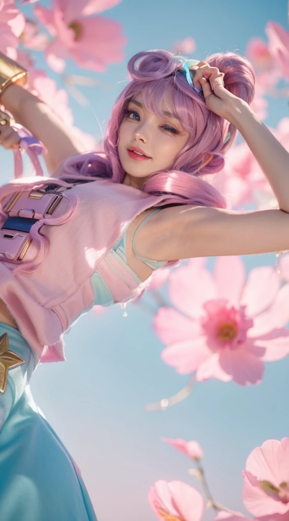 Woman with pink long hair, woman with beautiful face, woman with beautiful blue round eyes, woman with blue feather wing on her right hand, beautiful woman with pink lipstick, morning background, woman with beautiful pink flower on her blonde short hair, woman using pink skirt, woman with gold Root accessories on her body, woman on green leaf background, woman with golden accessories on her head, woman using blue dress and pink white gradient color, pink flower on her pink hair, pink dress, i SAID pink DRESSSSS