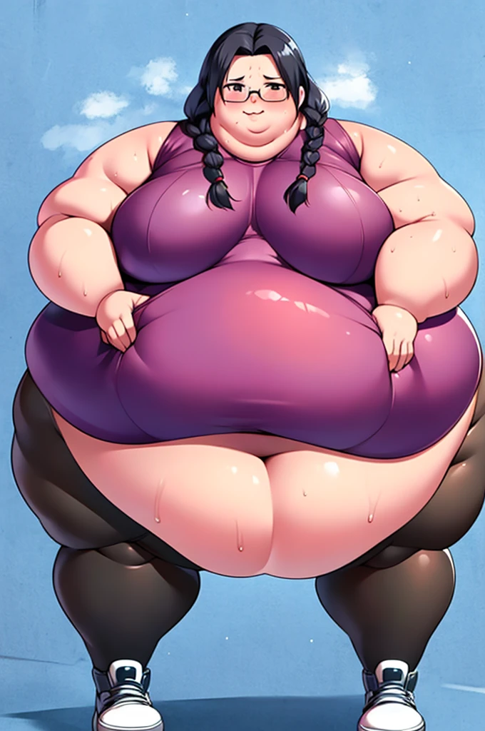 Anime Women, Lady、Black Hair、Forehead、Long braids、Glasses、Hanging eyes、Brown eyes、Are fat、Chubby、Voluptuous、obesity、Double chin、Cheek、Fat-covered neck、Big Breasts、Saggy breasts、Thick upper arms、Fat Belly、tall、Brown Unitard、Brown training tights、sneakers、Gloss、Sweat、Embarrassed、School