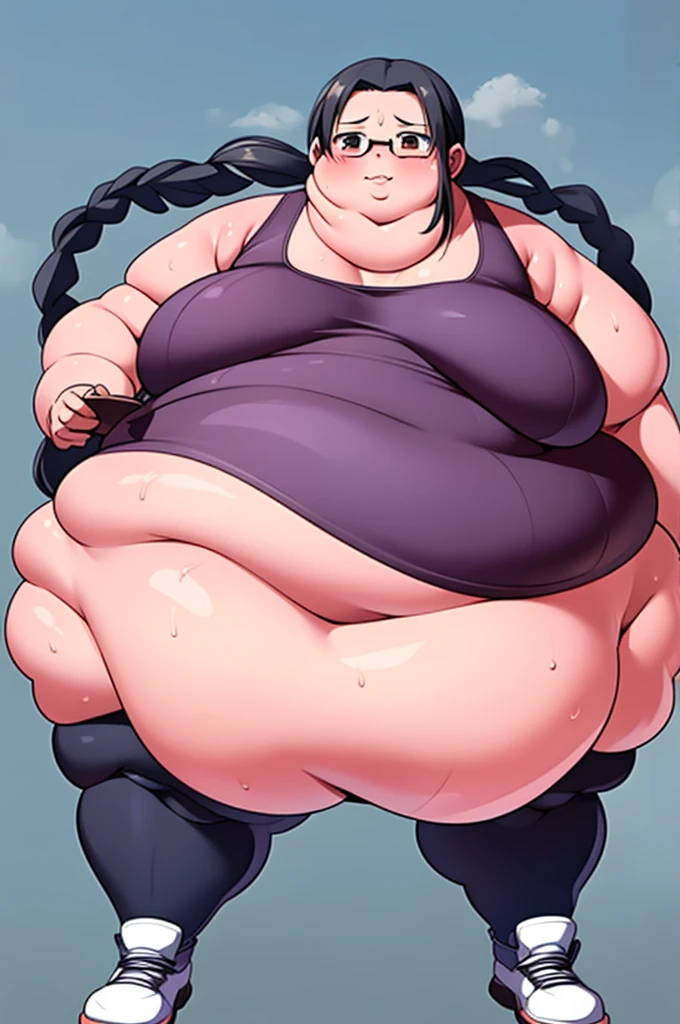 Anime Women, Lady、Black Hair、Forehead、Long braids、Glasses、Hanging eyes、Brown eyes、Are fat、Chubby、Voluptuous、obesity、Double chin、Cheek、Fat-covered neck、Big Breasts、Saggy breasts、Thick upper arms、Fat Belly、tall、Brown Unitard、Brown training tights、sneakers、Gloss、Sweat、Embarrassed、School