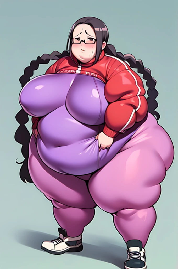 Anime Women, Lady、Black Hair、Forehead、Long braids、Glasses、Hanging eyes、Brown eyes、Are fat、Chubby、Voluptuous、obesity、Double chin、Cheek、Fat-covered neck、Big Breasts、Saggy breasts、Thick upper arms、Fat Belly、tall、Brown Unitard、Brown training tights、sneakers、Gloss、Sweat、Embarrassed、School