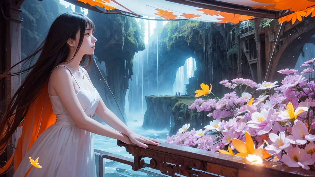 32k, Masterpiece, Highest quality, One girl, Detailed eyes, flower,Alstroemeria, White and orange style,A dreamy, romantic piece,Pale purple, Mysterious Leaves,A playful arrangement,Fantasy,High Contrast,Ink strokes,explosion,Exposure, Impression of white and orange tones,Abstract,((Watercolours by John Berkey and Jeremy Mann )) Brush strokes,Negative Space, Tyndall effect,