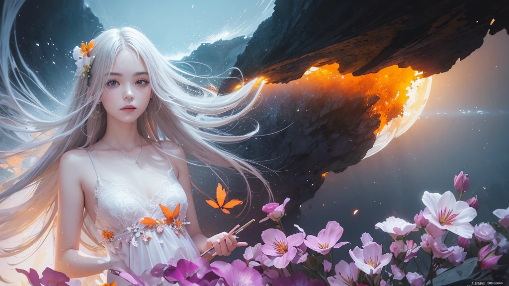 32k, Masterpiece, Highest quality, One girl, Detailed eyes, flower,Alstroemeria, White and orange style,A dreamy, romantic piece,Pale purple, Mysterious Leaves,A playful arrangement,Fantasy,High Contrast,Ink strokes,explosion,Exposure, Impression of white and orange tones,Abstract,((Watercolours by John Berkey and Jeremy Mann )) Brush strokes,Negative Space, Tyndall effect,