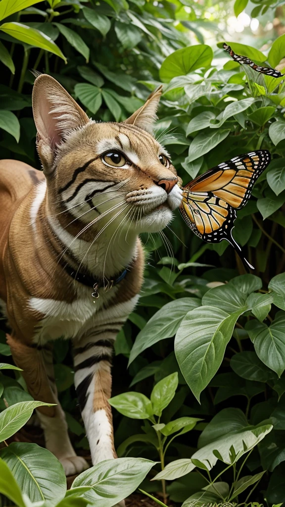 Whiskers, with an expression of sheer wonder on his face, gracefully follows the butterfly as it leads him deeper into the lush foliage of the garden. His tail sways with excitement as he pursues the elusive insect.