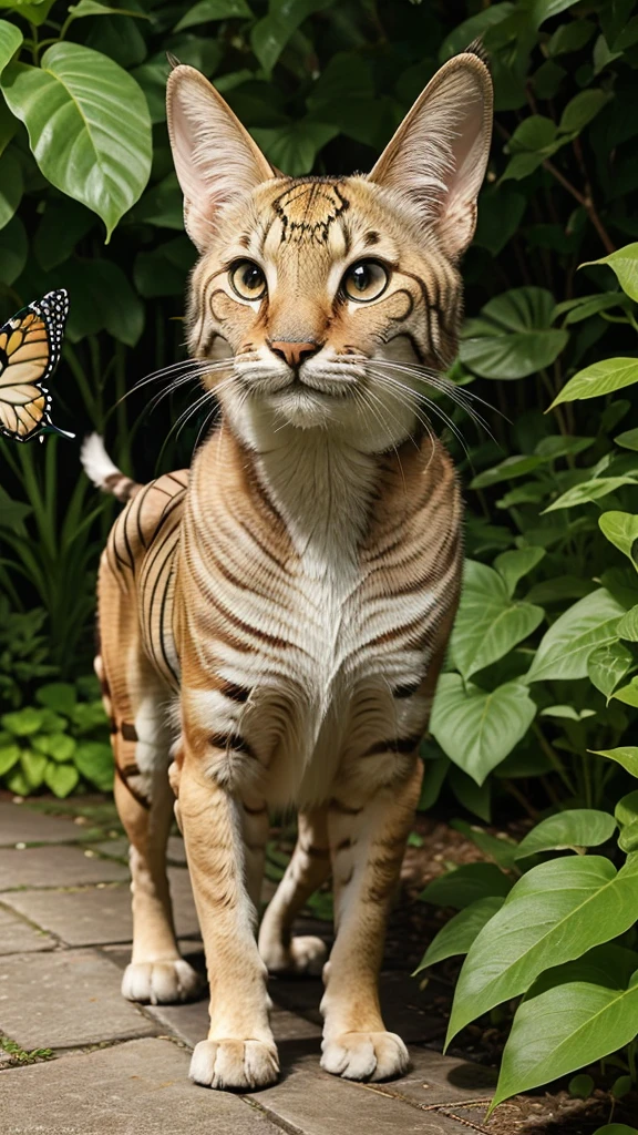 Whiskers, with an expression of sheer wonder on his face, gracefully follows the butterfly as it leads him deeper into the lush foliage of the garden. His tail sways with excitement as he pursues the elusive insect.