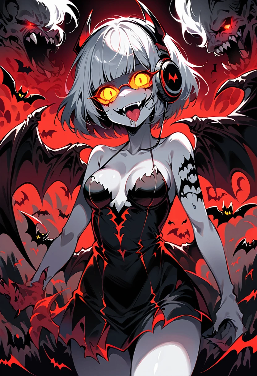 (extremely detailed fine touch:1.3), (2D:1.3), devil girl, (super very silver short hair:1.3), blunt bangs, (yellow glasses:1.3), underrim, headphones, devil's wings, white skin, Tsurime Eyes, (glowing eyes:1.4), evil smile, (fangs:1.2), tongue out, drooling, red cheek, mini dress, medium breasts, clavicle, cleavage, cowboy shot, bat, hell