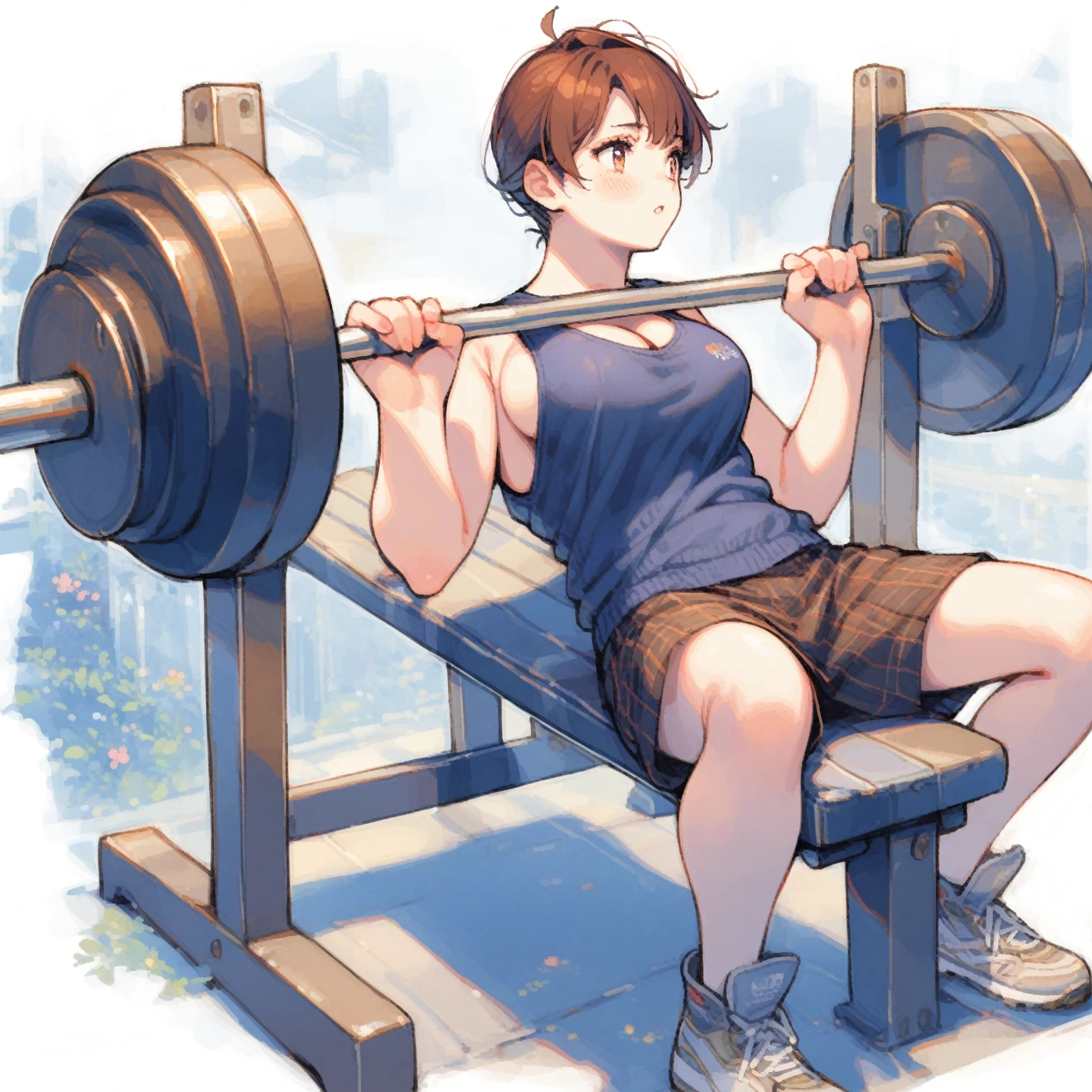 1girl、Doing bench press training、Big Breasts、Big Tits、tegaki