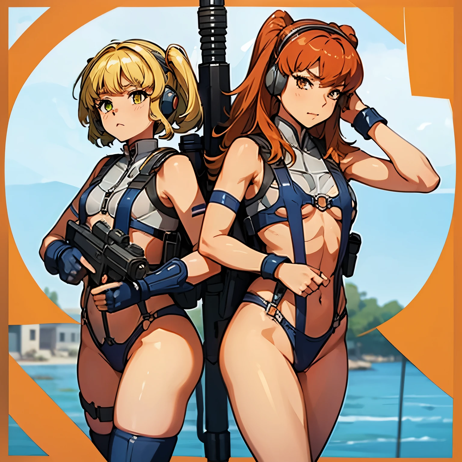 Imperial Guard Combat Uniform Swimsuit, o-ring bikini, v gundam, swimsuit, absurdres, highres, solo, cowboy shot, 1girl, neneka nibrou \(cosplay\), wristband, headphone, holster, backpack, holding gun, aiming, perfect hands, wind, (highres,best_quality,masterpiece), small breast, irui, twin tails, blonde hair, yellow eyes