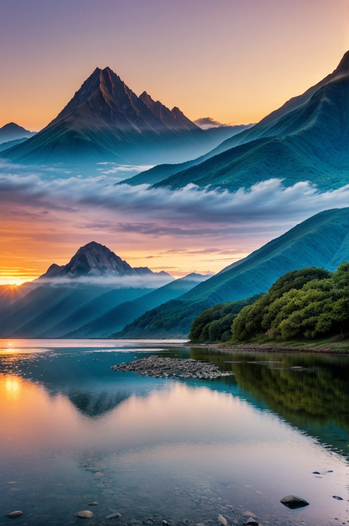 Background: A serene landscape, such as a sunrise over a mountain range or a calm ocean with the first light of dawn.