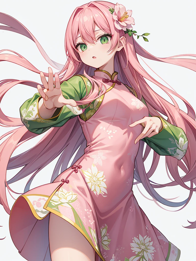 On a white background、A young woman with long pink hair、taking a fighting stance。She is wearing a green Chinese dress、The dress has a pink floral pattern.。The woman&#39;s expression is serious、Sharp green eyes staring straight ahead。Her left hand is thrust forward、The right hand is pulled back。Her long hair flutters in the wind as she moves.、Feel the momentum。Black ink-like droplets were flying around her.、It expresses the speed and power of movement.。as a whole、Action scenes that give an energetic and dynamic impression。