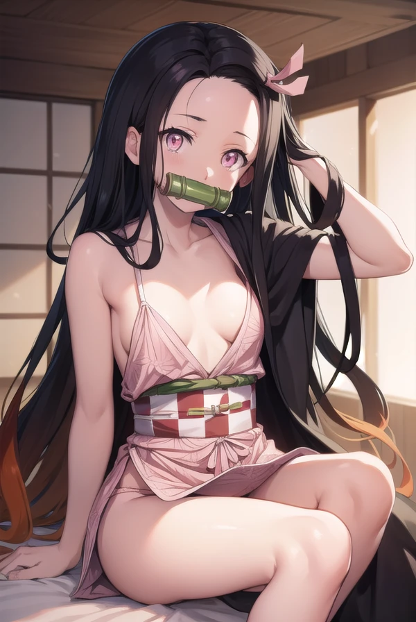nezukokamado, nezuko kamado, bamboo, (bit gag:1.5), black hair, (forehead:1.5), gag, gagged, hair ribbon, long hair, multicolored hair, (pink eyes:1.5), orange hair, slit pupils, wavy hair, two-tone hair,
BREAK asa no ha (pattern), checkered sash, haori,
BREAK looking at viewer,
BREAK indoors,
BREAK (masterpiece:1.2), best quality, high resolution, unity 8k wallpaper, (illustration:0.8), (beautiful detailed eyes:1.6), extremely detailed face, perfect lighting, extremely detailed CG, (perfect hands, perfect anatomy),laying down on bed,wearing a blue small bikini,small breasts,arms tied up,facing up