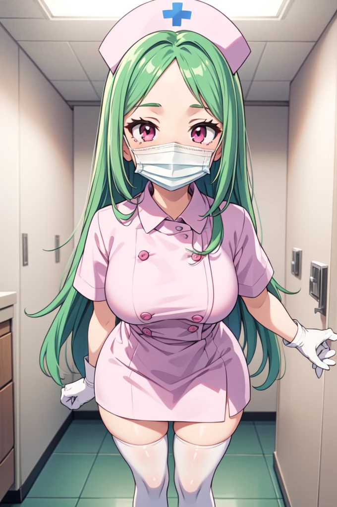 1woman, solo, nurse, white nurse cap, white nurse uniform, ((white legwear, zettai ryouiki)), white gloves, forehead, long hair, green hair, pink eyes, ((white surgical mask, covered nose)), standing, ((hospital room)), sharp outline, short sleeves, mature female, 35 years old, best quality, masterpiece