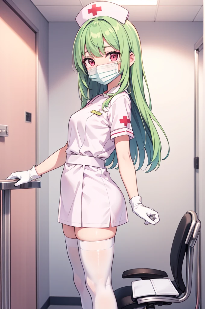 1woman, solo, nurse, white nurse cap, white nurse uniform, ((white legwear, zettai ryouiki)), white gloves, forehead, long hair, green hair, pink eyes, ((white surgical mask, covered nose)), standing, ((hospital room)), sharp outline, short sleeves, mature female, 35 years old, best quality, masterpiece