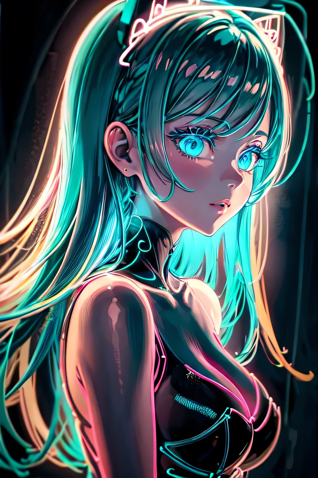 neon_outlines, close up, classy woman in a long evening dress, upscale gala event beautiful girl angel, blue hair neon_outlines,close up,