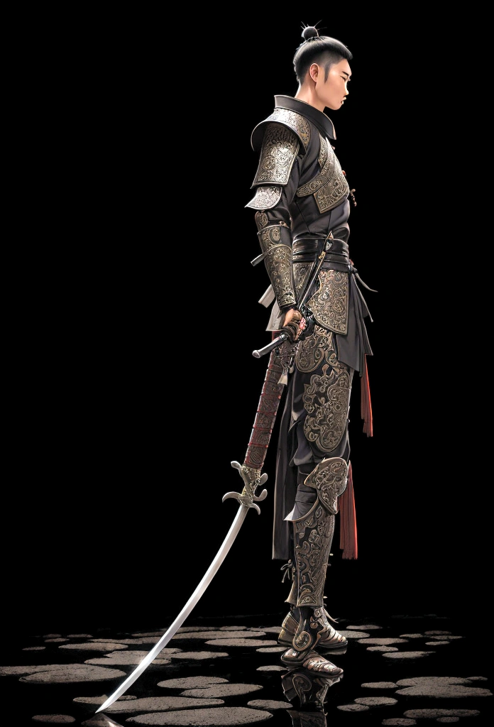 hyper realist, extremely detaild, intricate details, digital art of a Japanese warrior standing sideways, looking sad at the floor ,with light black clothes and holding only a sword in each hand pointed downwards on a sad rainy day. fancy