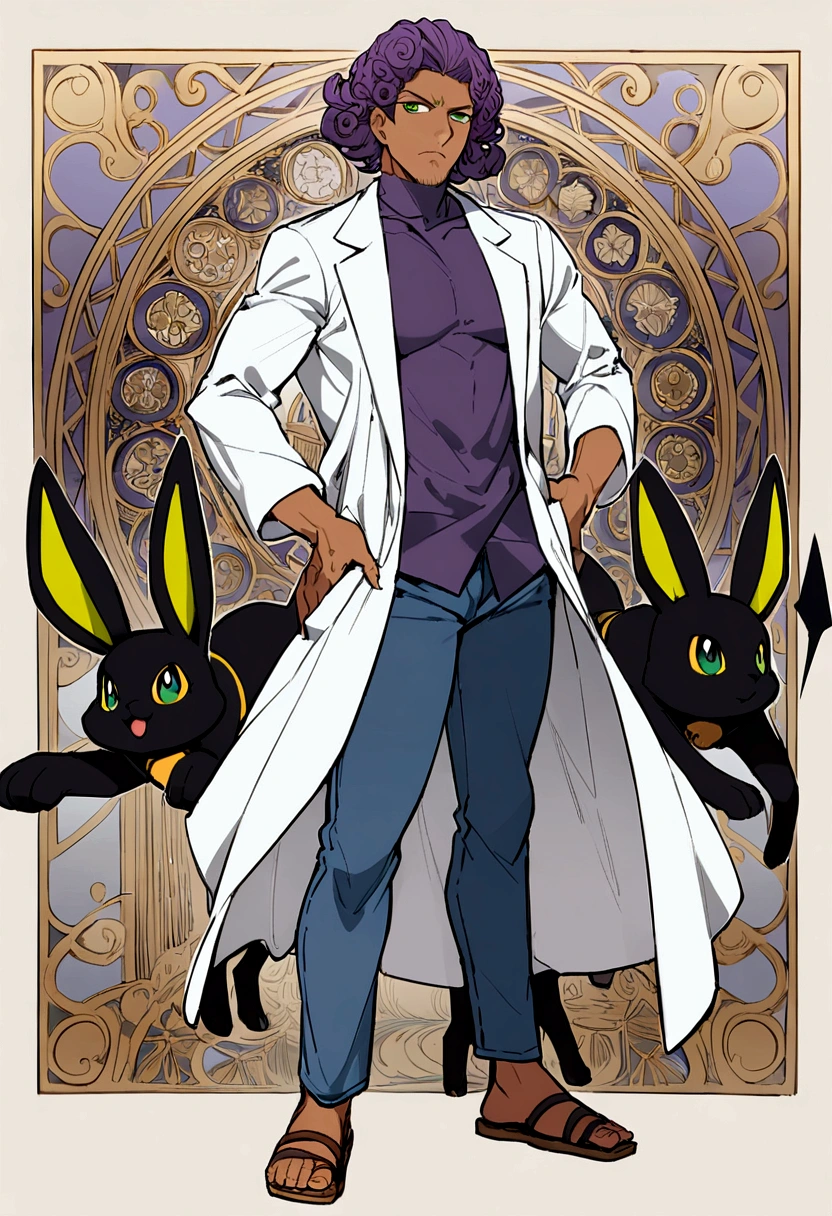 1man, 20s, strong body, latin, chin stubble, square face, tan skin, ((purple curly fluffy hair)), medium lenght hair, ((green eyes)), cool facial expression, (nice hands),  (grey turtleneck), lab coat, spectacles, jeans, sandals [pose with body turned in profile looking at viewer], determined facial expression, simple backgroun, accompanied by an Umbreon