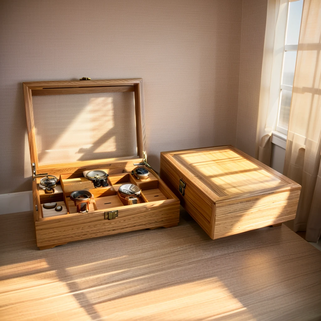 In this cozy room,A ray of sunlight shone on the table through the half-drawn curtains,Let the wood grain on the watch storage case shine with a faint sheen。There is a calm and serene atmosphere in the surrounding air。Several still lifes hang on the walls of the room,It adds a touch of elegance to the space。And on the other side of the room,A half-open window lets the breeze blow in,The pages on the small desk by the window flipped in the wind,This quiet scene gives a sense of tranquility and comfort。