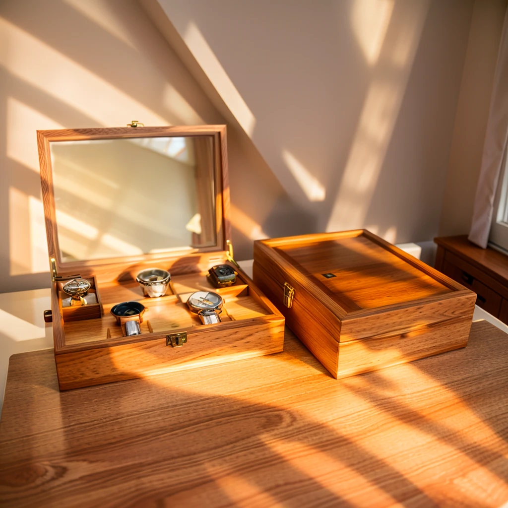 In this cozy room,A ray of sunlight shone on the table through the half-drawn curtains,Let the wood grain on the watch storage case shine with a faint sheen。There is a calm and serene atmosphere in the surrounding air。Several still lifes hang on the walls of the room,It adds a touch of elegance to the space。And on the other side of the room,A half-open window lets the breeze blow in,The pages on the small desk by the window flipped in the wind,This quiet scene gives a sense of tranquility and comfort。