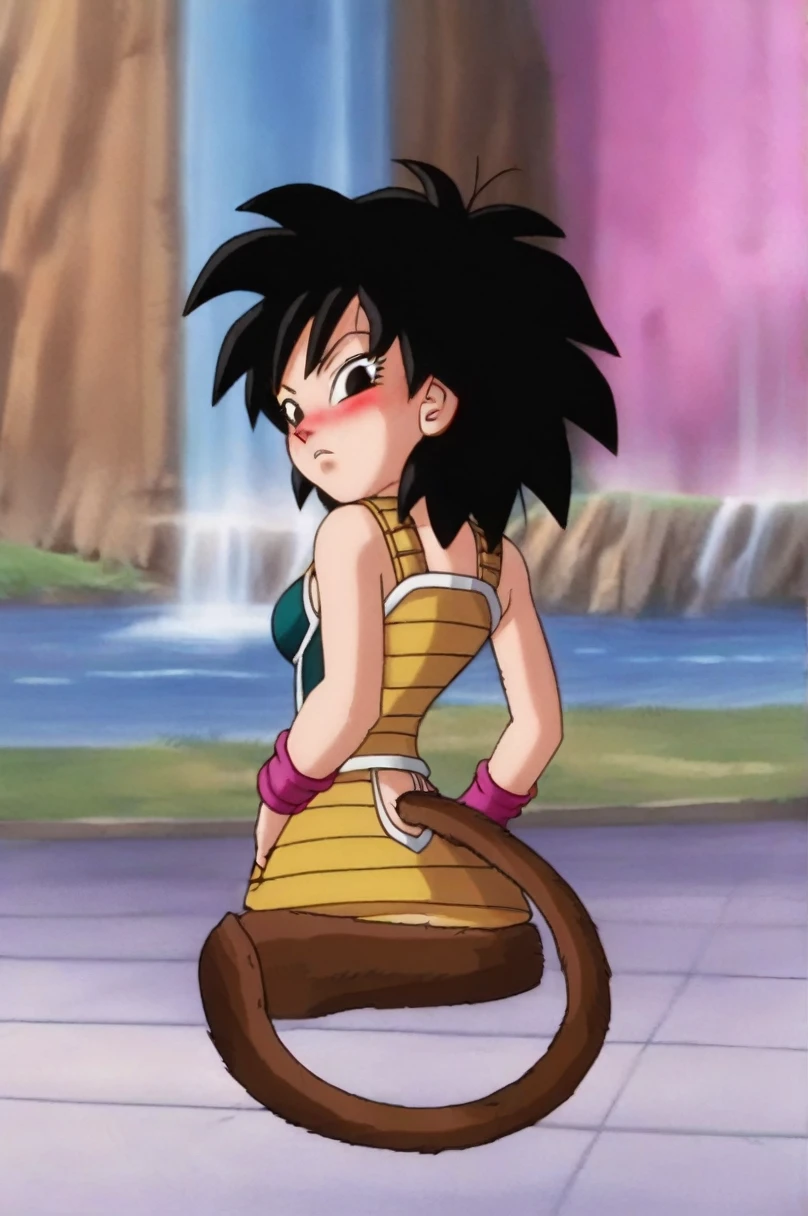 fountain_cheered up, score_9,score_8_above, score_7_above, gineDb, cheered up screencap,
1 girl, Alone, looking at the viewer, blush, urban landscape, black fur, Brown eyes, looking back, from behind, black eyes, hand on hip, frown, pink bracelet, green skirt, monkey's tail, saiyajin armadura, hand on the shoulder, medium hair, green saiyajin armadura, eyelashes, Eyebrows, Butt crack, bare shoulders, spiky hair, nails