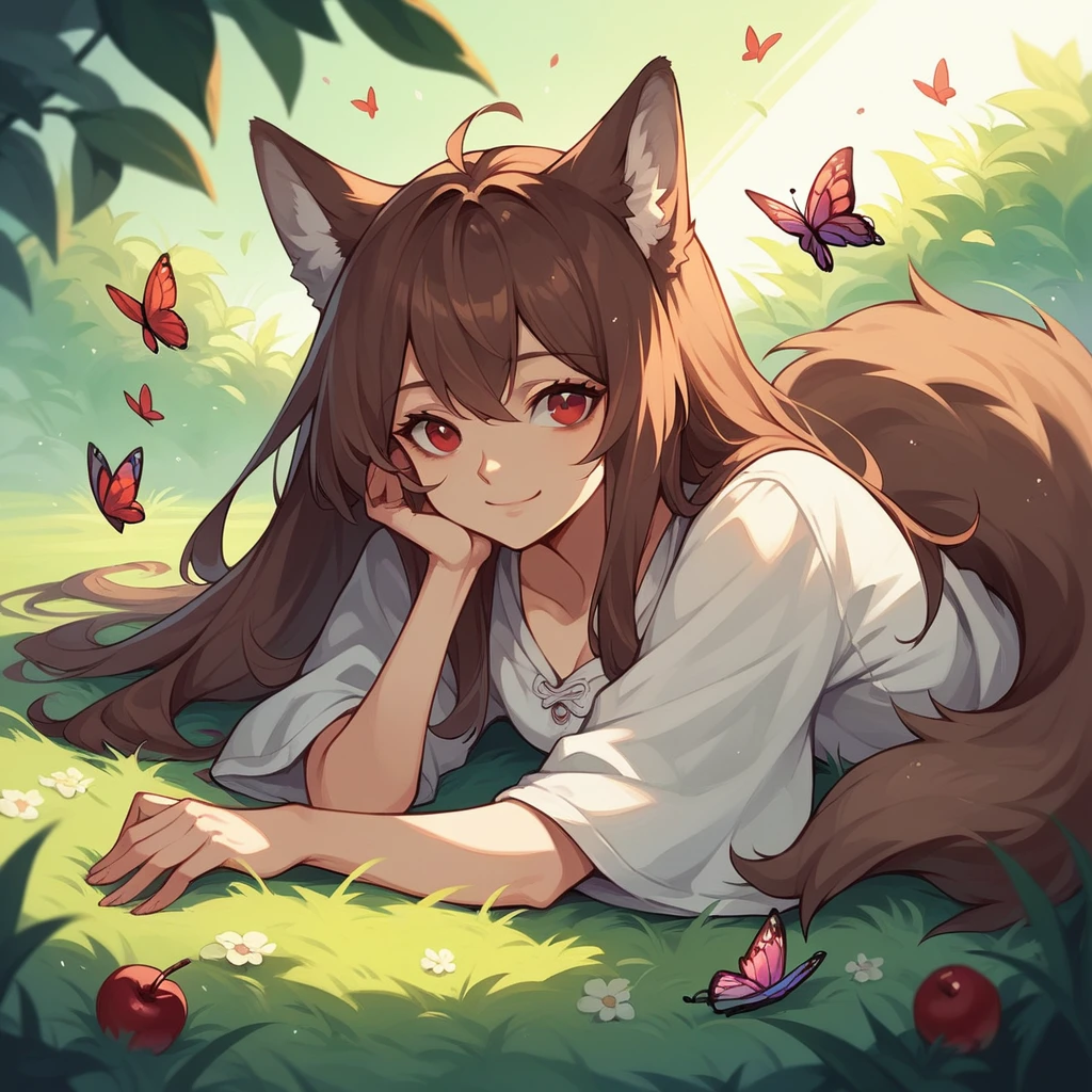 masterpiece,best quality, 1girl, solo, slight smile, slight smile, cherry, sunlight dapple, butterfly, grass animal ears,wolf ears,long hair, tail, wolf tail, red eyes, wolf girl,brown hair,,