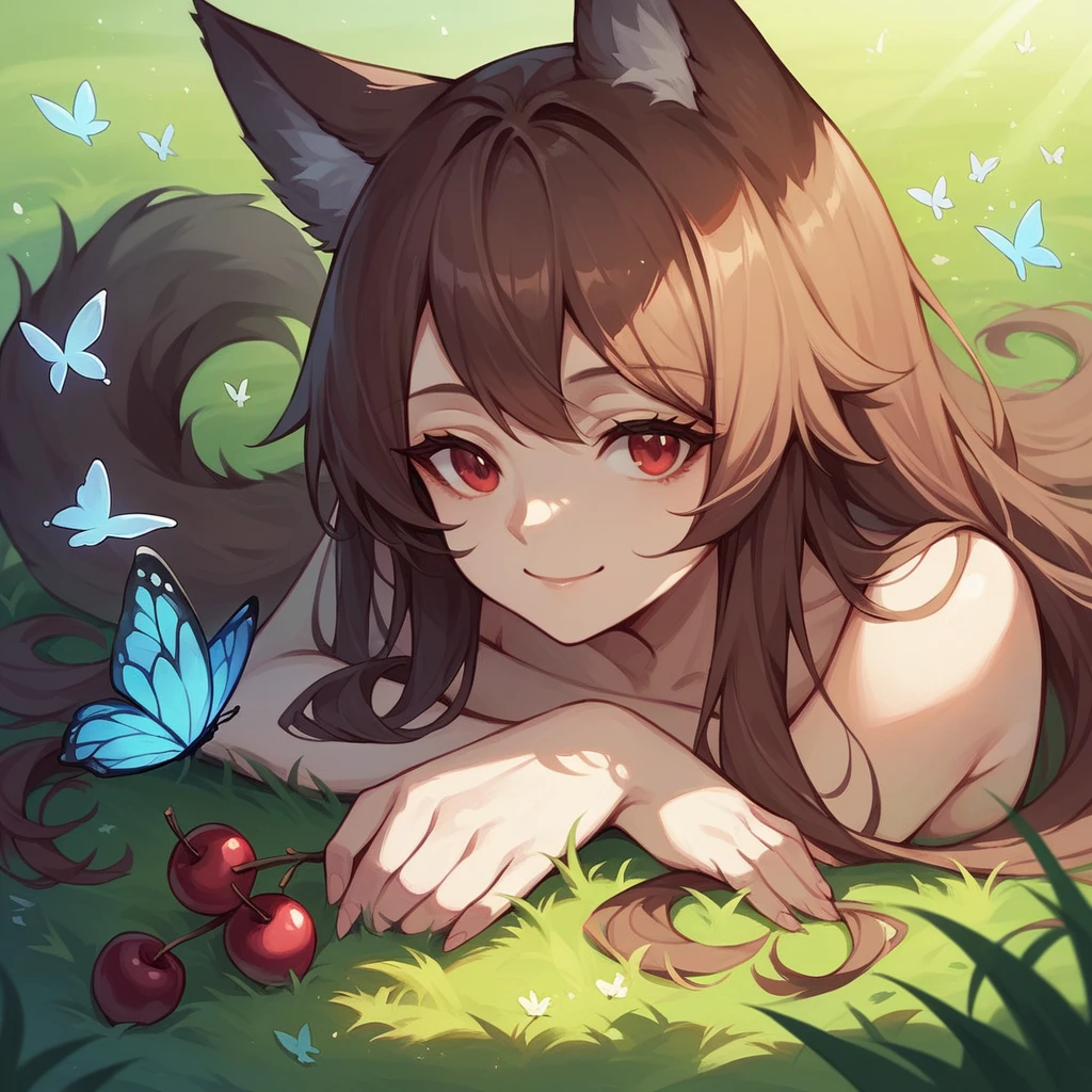 masterpiece,best quality, 1girl, solo, slight smile, slight smile, cherry, sunlight dapple, butterfly, grass animal ears,wolf ears,long hair, tail, wolf tail, red eyes, wolf girl,brown hair,,
