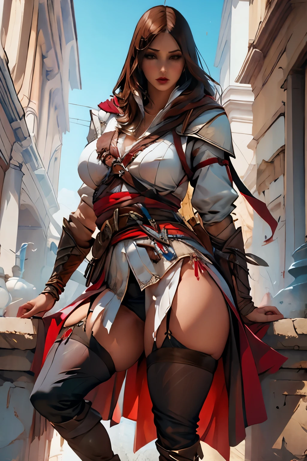 The woman, poca Clothes, Clothes, knee high boots, Bracelets on the legs, socks, stockings, Florence in the background, Florence, evening, night, Renaissance,renaissance, Very detailed, Realistic long-term photography., 4k, wide, brown hair, by the chestnut, Red lips,hood, hood, bracelet, sexy,red lips, brown eyes, big breasts, big breasts, Lucia Auditore
