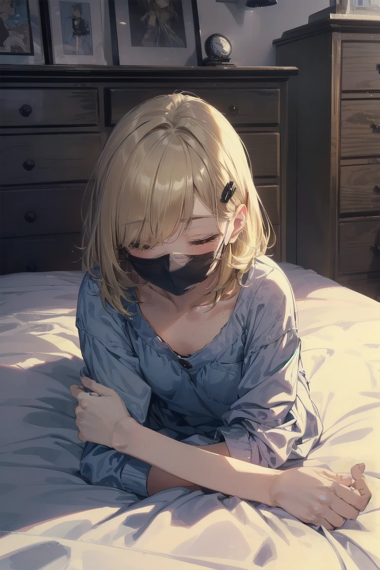 closed eyes, (lie on bed:1.5)，Highest quality, Anime Moe Art Style,Best Anime 8K Konachan Wallpaper，Perfect Anatomy, (One Girl:1.5), (alone,:1.8),high school student, short hair, (Straight hair:1.6)，(Medium chest)，(Blonde:1.8)，Complete limbs, Full Finger,Medium Chest, Between the legs, Small eyes,Accurate blue eyes, (hair over one eye:1.5)，Hair Clip, Very detailed,High resolution,Very detailed肌, Professional Lighting,8K eye detail, (Cute illustrations:1.2), (indoor),(Cute Girl&#39;s Room:1.4),(modern and sophisticated furniture:1.2),(plush velvet chair and ottoman:1.4),(elegant curtains and window treatments:1.2),(Designer Fashion:1.4),(Instagrammable fashion photo corner:1.2),(unique framed statement mirror:1.4),
(fashion runway style rug:1.2),(Customized closet filled with trendy clothes:1.2)，(gorgeous dressing table:1.2)，(Fashion Magazines:1.2)，(Cute decoration:1.4)，(chic lighting fixtures:1.4),(comfortable and stylish bedding:1.4)，(Specialized area for fashion accessories:1.3)，(高级饰品:1.2)，(fashion sketch and design book:1.2)，(bed:1.9)，(barefoot:1.9)，nose blush ，A girl lying in bed with a cold with her head on the pillow, cute, detailed drawing, under art，
1 girl, bangs, bed, blush, sweat, cold, blond hair, eyes, (white mouth mask:1.5)，(pajamas:1.5), indoors，lying on back, pillow, side lock, sleeping, on futon, on futon sleeping face to face，