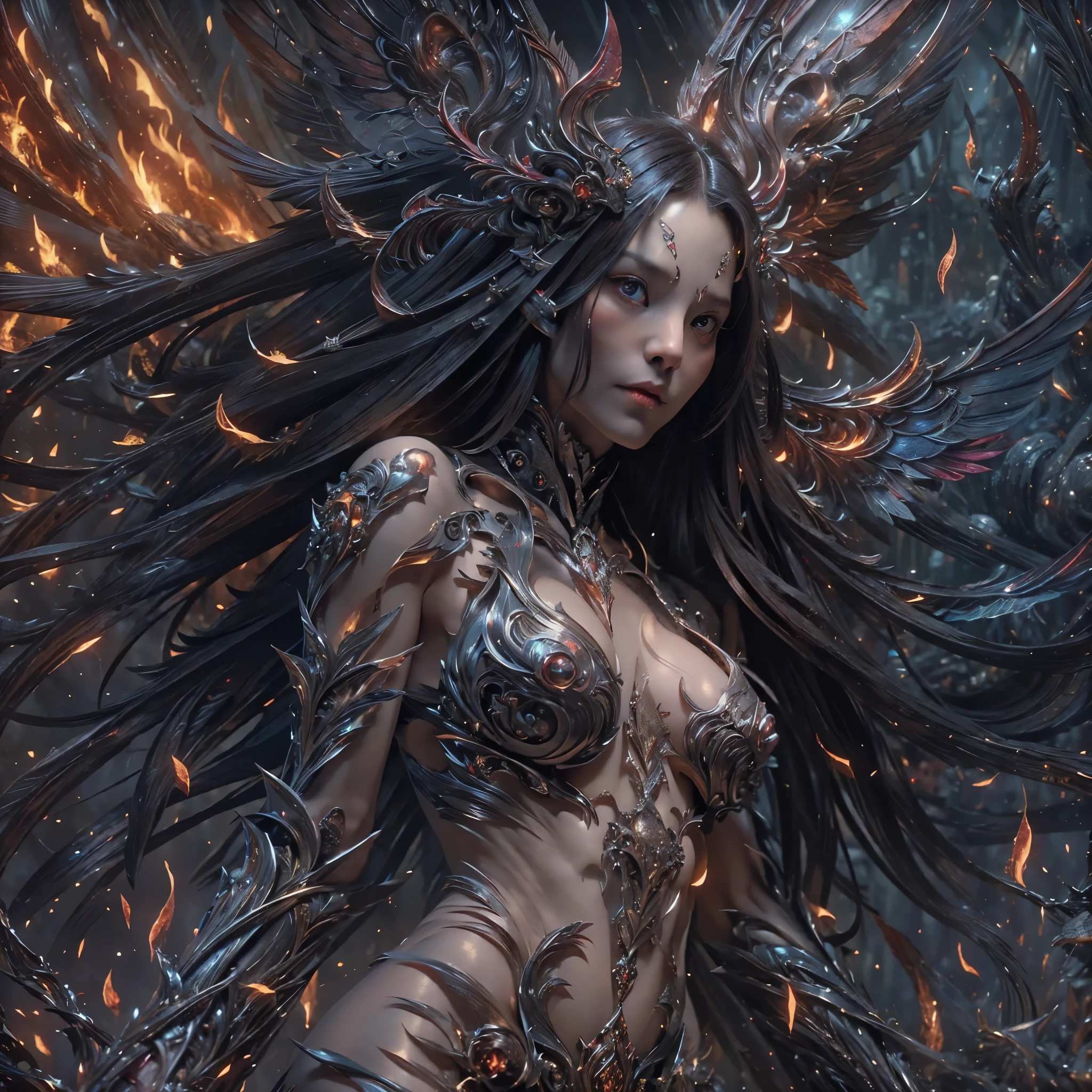 (((8k RAW photo, hyper realistic, masterpiece, best quality, crisp detail, high definition, high detail, very rich detail, sharp focus, sharp detail, colorful, rich color, cinematic, perfect studio lightning, full body photograph, mystic atmosphere, shot from below))), ((fully naked, young colorful chaos goddess, fully nude, smooth body, ideal body, naughty smile)), big breast, (devastating a city), (showing (pussy, vagina, genital, nipples))), ((black long hair)), killing people, (( devil wings, tail)), ((very long sharp steel blade claws)), (hundreds of ( skull, bone) on the land), ((chaos goddess)),