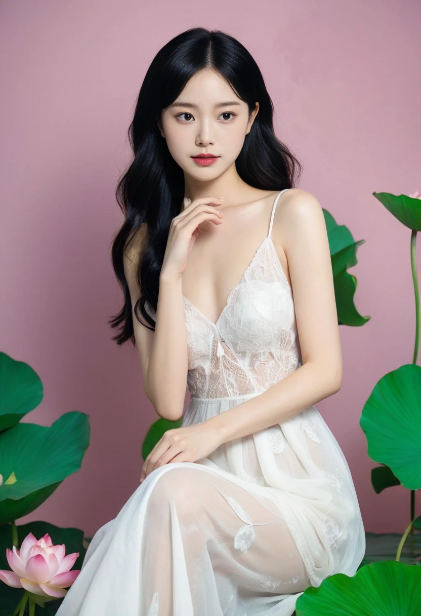 light pink and light white shades,Full body female love, White background, natural lighting, Light effect, minimalist, elegant, pure tenderness, soft light lighting, realistically. a woman is (clavicle, bshoulder,) placed in a (pray and stand) super giant lotus,The petals are big and long (The petals are thin, soft gauze, Full background of flowing petals, floating petals, super flying petals, Mixed effect of smoke and petals), lotus dress,((perspective)).lotus_leaf_fairy