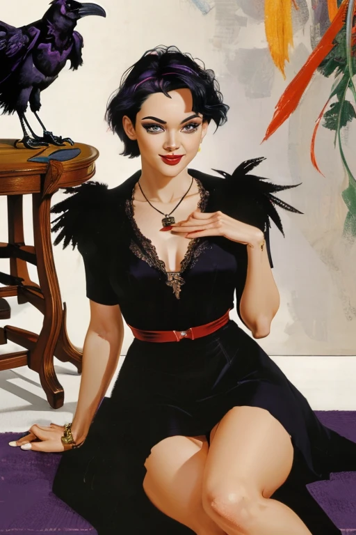 ((Playing with a raven:1.4)), Sitting, legs crossed. ((ultra realistic illustration:1.3)),  Beautiful 24 yo woman of Irish descent. athletic figure,(pale:1.4)complexion. raven black hair, green eyes, cute butt, nice legs. Kind eyes,(joy:1.3),(smile:1.2). Sunglasses, Red lipstick, sheer lace top, skirt, high heels. Flirty. Masterpiece, (highly detailed:1.2),(detailed face and eyes:1.2), 8k wallpaper, Moody lighting. core shadows, high contrast, bokeh.
