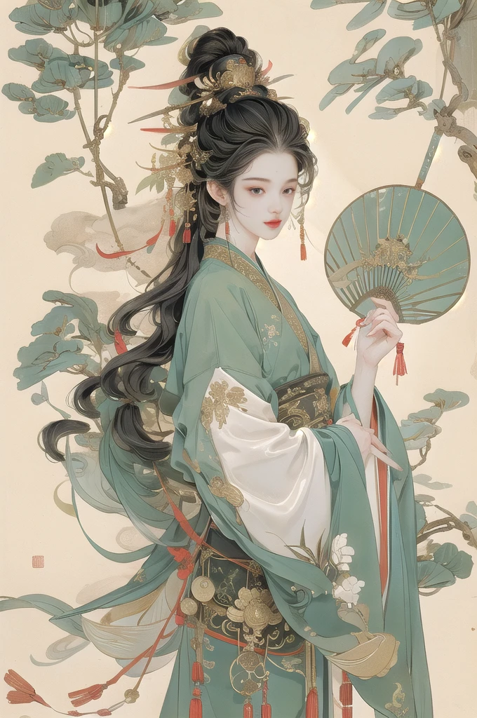 (masterpiece:1.2),best quality,PIXIV,Chinese style,hair ornament,solo,jewelry,black hair,long hair,boy in a bamboo forest, long black hair, ponytail, green headdress, carrying a lantern, bamboo leaves falling, hazy smoke, green Hanfu,23 year old boy,1boy,pretty 23 year old boy,professional boy photo, photo of boy 23 years old, perfect body boy,mature beautiful face,fair skin,super scale, 24k,hdr,perfect body boy,blush, big Ogi folding fan,parted lips,black eyes,tassel,lips,chinese clothes,pretty boy