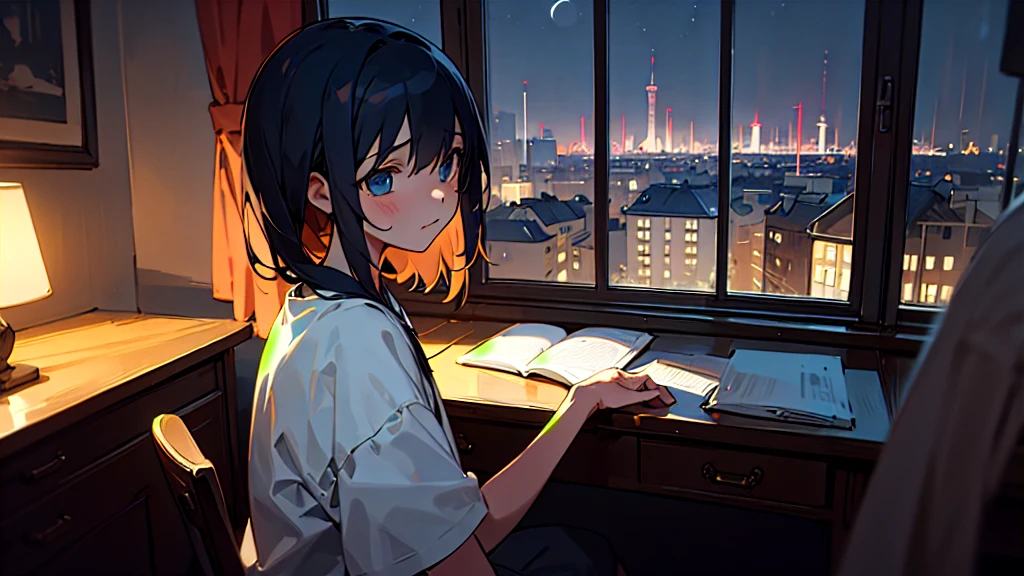 (masterpiece, Highest quality),A girl studying in her room、Depressed expression、Study room with window、night、It&#39;s raining a little、Calm atmosphere、profile