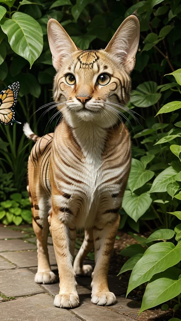 Whiskers, with an expression of sheer wonder on his face, gracefully follows the butterfly as it leads him deeper into the lush foliage of the garden. His tail sways with excitement as he pursues the elusive insect.