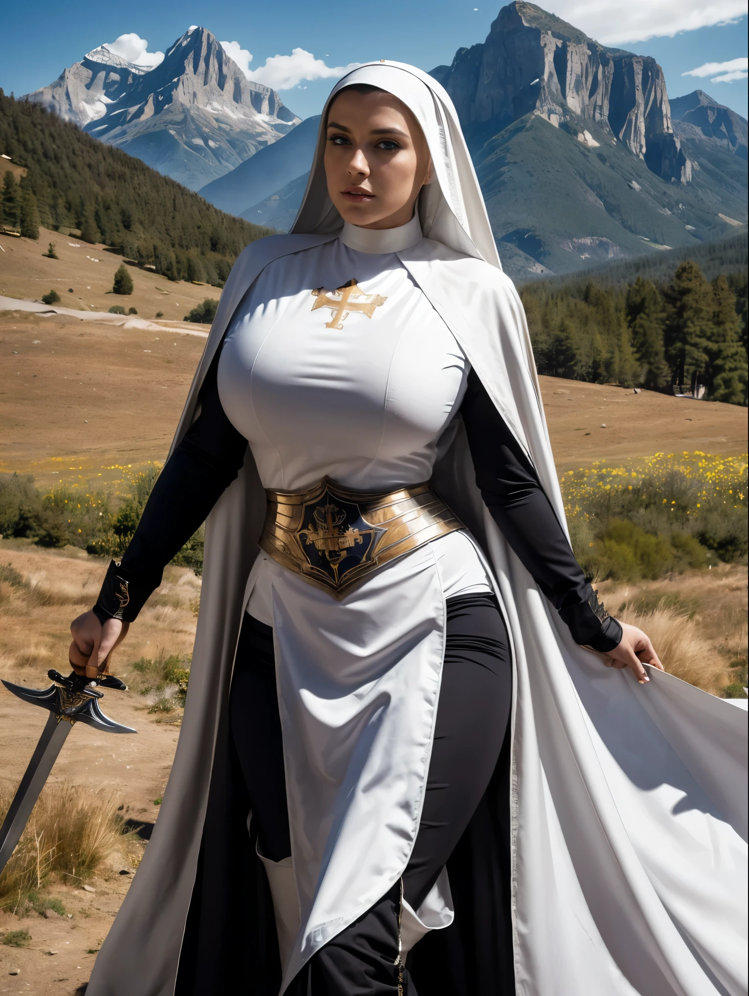 (masterpiece, top quality, best quality, official art, beautiful and aesthetic:1.2), (1girl:1.3), ((Sharp facial features, sharp features, hawkish features)), ((blue eyes)), busty brunette paladin knight girl, extremely detailed, portrait, looking at viewer, solo, (full body:0.6), detailed background, full-body shot, (warm mountain meadow theme:1.1), holy knight, (nun), charlatan, smirk, mysterious, swaying in mountains, armor, polished metal, gold trim, long boots, white fabric, pelvic curtain, robe, pale leather, ((((nun, greatsword, corona, holy aura, heavy armor, armored, long legs, pelvic curtain, toned, muscular)))), slim waist, slim hips, long legs, medieval (mountain exterior:1.1) background, dark mysterious lighting, shadows, magical atmosphere, dutch angle