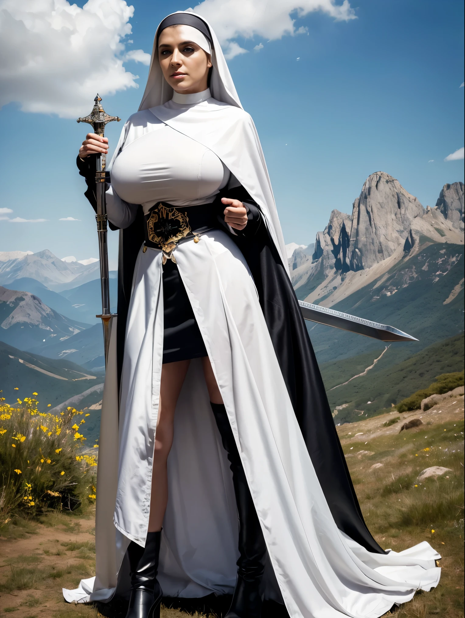 (masterpiece, top quality, best quality, official art, beautiful and aesthetic:1.2), (1girl:1.3), ((Sharp facial features, sharp features, hawkish features)), ((blue eyes)), busty brunette paladin knight girl, extremely detailed, portrait, looking at viewer, solo, (full body:0.6), detailed background, full-body shot, (warm mountain meadow theme:1.1), holy knight, (nun), charlatan, smirk, mysterious, swaying in mountains, armor, polished metal, gold trim, long boots, white fabric, pelvic curtain, robe, pale leather, ((((nun, greatsword, corona, holy aura, heavy armor, armored, long legs, pelvic curtain, toned, muscular)))), slim waist, slim hips, long legs, medieval (mountain exterior:1.1) background, dark mysterious lighting, shadows, magical atmosphere, dutch angle
