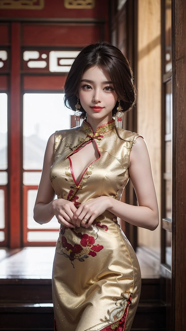 Top-quality Realistic,Official art,Highly detailed CG Unity 8k wallpaper,ultra-detailliert,hight resolution,Physically-based rendering,Magnificat,finely detail,masterpiece,Best Quality,ultra detailed, Face Light,Mature beauty,Beautiful girl,1girl,moist lips,sexy lips,Sexy smile,Gentle smile, 20 years old, Beautiful bare skin,Smooth bare skin,(Beautiful and radiant skin), big well-shaped breasts, beautiful cleavage,beautiful Mature body,swept bangs,(Medium hair:1.3), beautiful detailed eyes,model shoot style,Japanese Idol, Full-body,(historic Ming Dynasty building in the background:1.2),((Red and gold-embellished Cheongsam from the Ming Dynasty:1.5)),BREAK,(micro mini undersized),(Heart shaped necklace),(Triangle ornament earrings),BREAK,looking down,(stand on step:1.2),from below,POV from below,gentle smile like a goddess,
