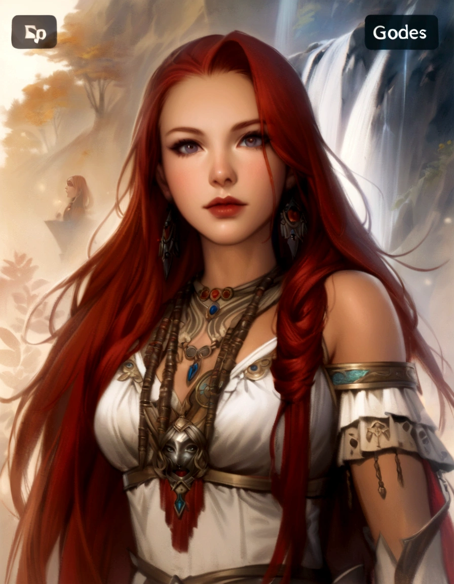 woman with long red hair and jewelry, standing in front of a waterfall, maiden with copper hair, redhead goddess, beautiful drawing of the characters, alloy, fantasy concept art portrait, Beautiful girl, fantasy portrait art, epic fantasy style portrait, fantasy style portrait, Beautiful warrior woman, inspired by Magali Villeneuve, stunning portrait of a goddess