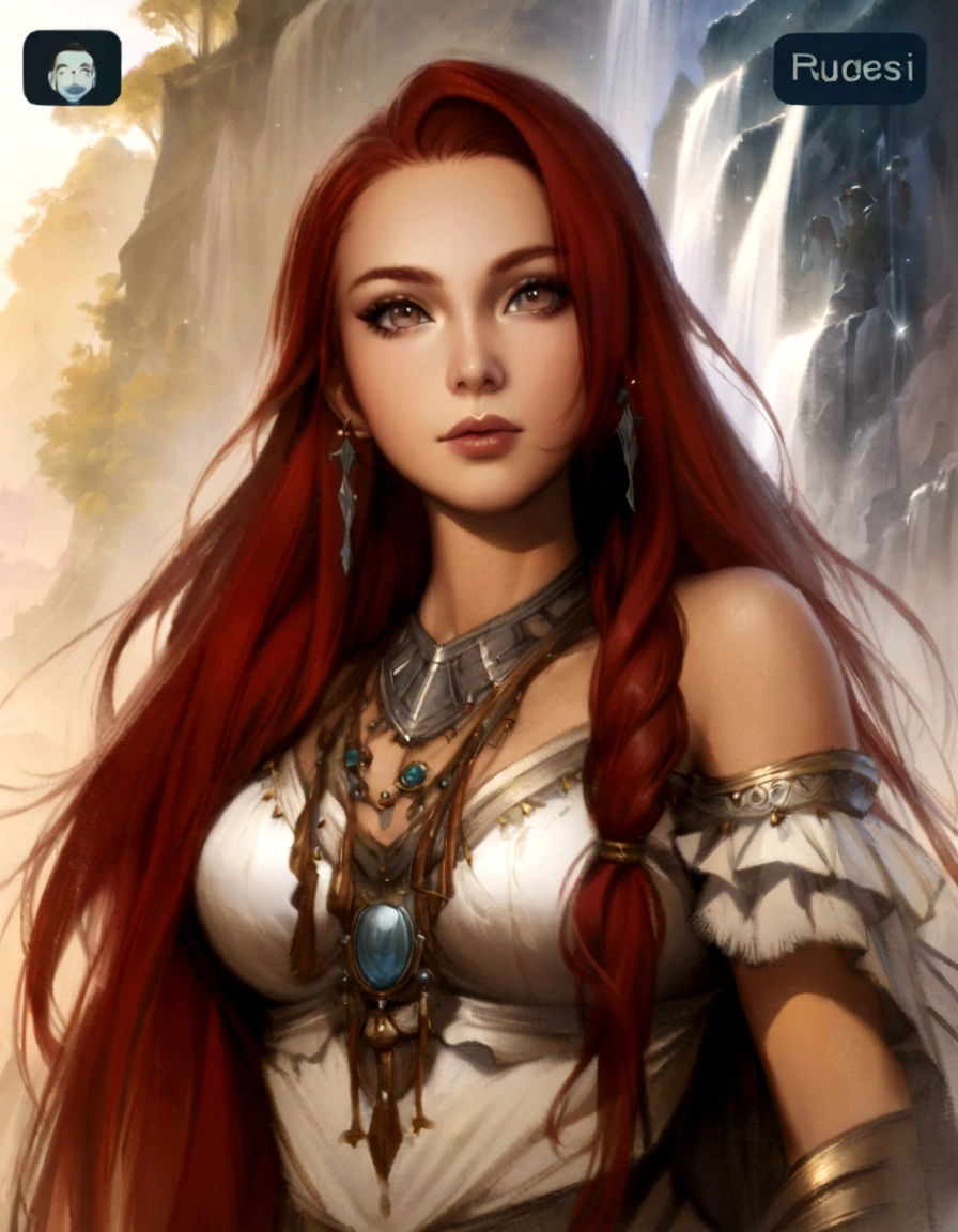 woman with long red hair and jewelry, standing in front of a waterfall, maiden with copper hair, redhead goddess, beautiful drawing of the characters, alloy, fantasy concept art portrait, Beautiful girl, fantasy portrait art, epic fantasy style portrait, fantasy style portrait, Beautiful warrior woman, inspired by Magali Villeneuve, stunning portrait of a goddess