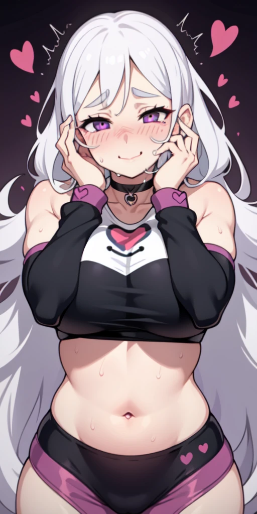 1girl,heart-shaped pupils,fingernails,hands on own face,white hair,purple eyes,(blush:1.1),choker,upper body,trembling,sweat,sweatdrop,heart,(speed lines:1.1),medium breasts, ((heavy breathing:1.3)), love, heart, crop top, happy, smile