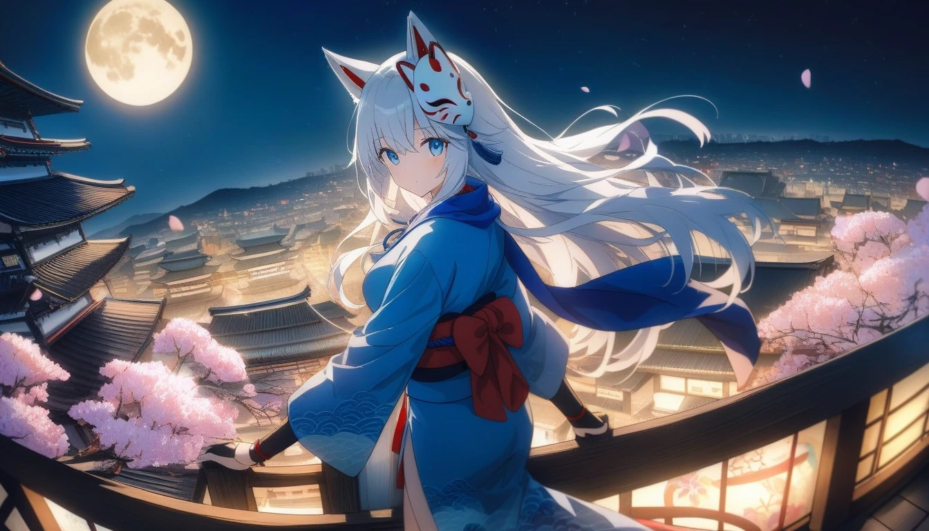 A magnificent view of the city from the treetopasterpiece, best quality:1.2), 1girl, 独奏,Wolf girl, fox mask, ninja, girl, long white hair, odd eyes, blue kimono, ninja girl, red and blue scarf,Dancing Cherry Blossoms,Full moon backlighting, light coming in, fantastic atmosphere.night、Shadows of light and darkness、Eyes glowing in the dark、Black fox mask、Fisheye Lens、Expansive starry sky、long hair that spreads、Overlooking the city from atop a large cherry tree、