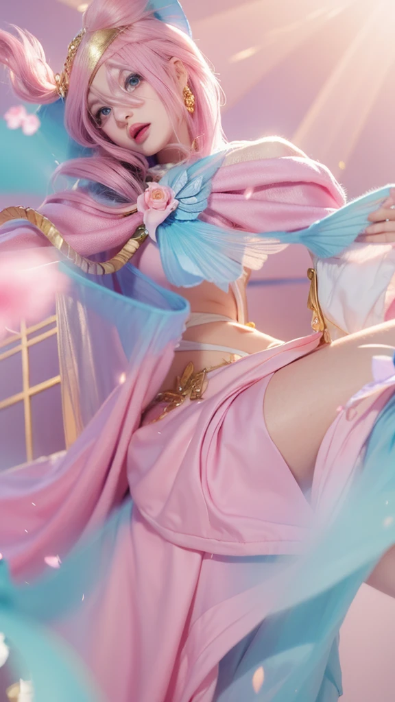 Woman with pink long hair, woman with beautiful face, woman with beautiful blue round eyes, woman with blue feather wing on her right hand, beautiful woman with pink lipstick, morning background, woman with beautiful pink flower on her blonde short hair, woman using pink skirt, woman with gold Root accessories on her body, woman on green leaf background, woman with golden accessories on her head, woman using blue dress and pink white gradient color, pink flower on her pink hair, pink dress, i SAID pink DRESSSSS 4k
