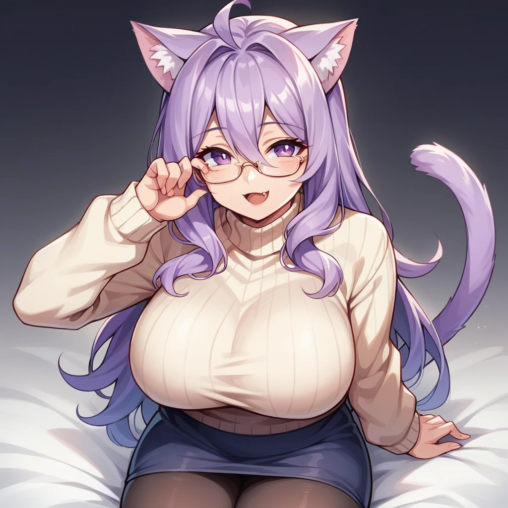 masterpiece, best quality, 1girl, ((looking at viewer)), lilac hair, purple eyes, long hair, ahoge, sweater, sweater skirt, pantyhose, 163cm, hair between eyes, large breasts, adult, 33 years old, mature, glasses, solo, sole, smile, cat ears, cat tail, fang, catgirl, animal ears, (tits :1.6)
