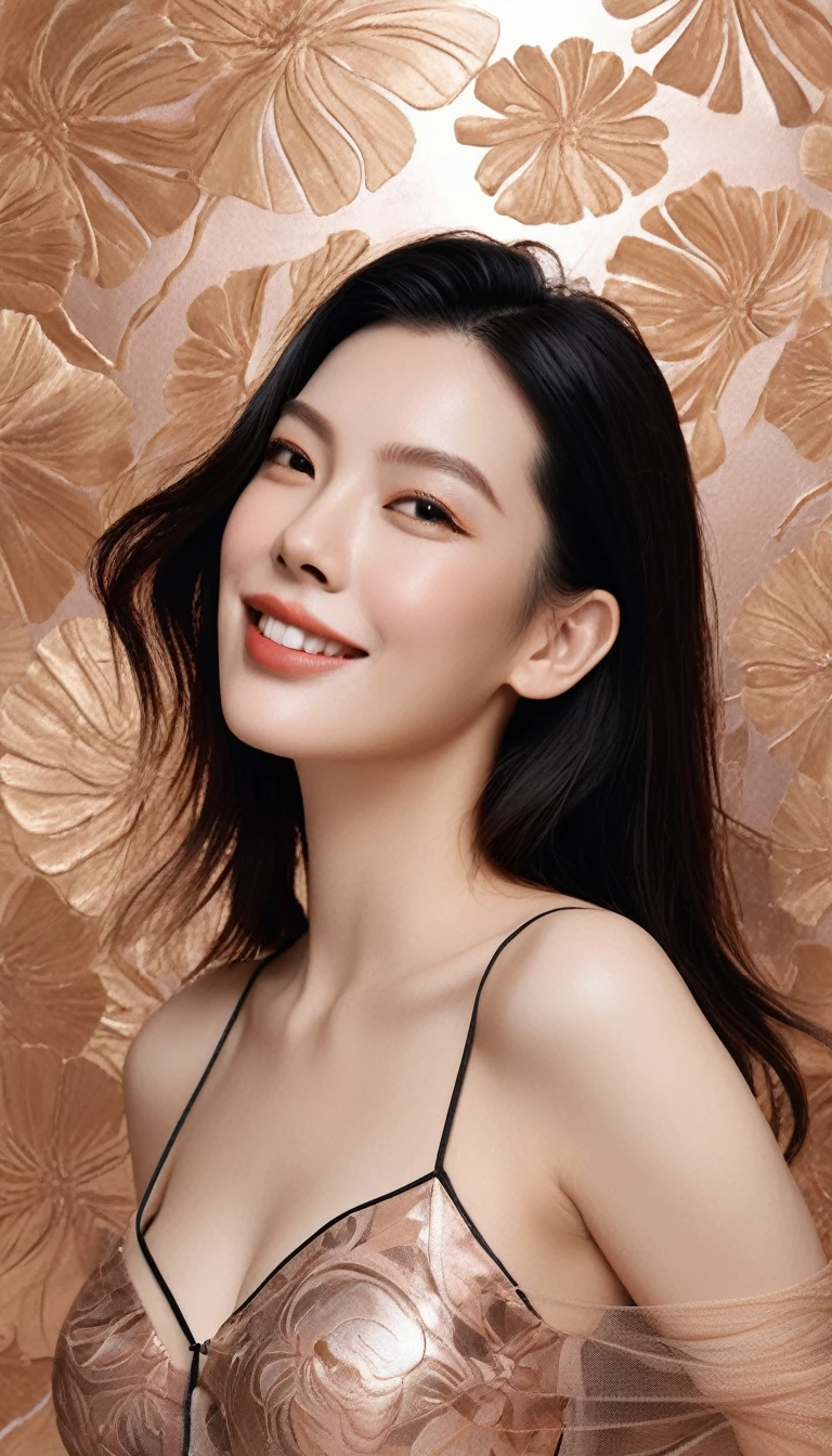 Beautiful and aesthetics Ultra-realistic photography, (looking at camera), real perfection, dynamic, art station, sharp focus, Vibrant brushstrokes, bold colors, expressiveness, emotions, unified 8k wallpapers, ultra-detailed, ((realistic human skin textured)), masterpieces, best quality, (art by Qi Baishi, tangled), (fractal art: 1.4),extremely detailed, ((a very beautiful Japanese mixed faces woman, young Liv Tyler: 1.0)), exuding both sexy sensuality and determination. ((Strapless rose gold laced crop top, pored nipples, opened muscles abdominal, high thighs panties)), seductive smile, hands up, dynamic action posing, Abstract art brushed Paintings theme background, xxmixgirl,